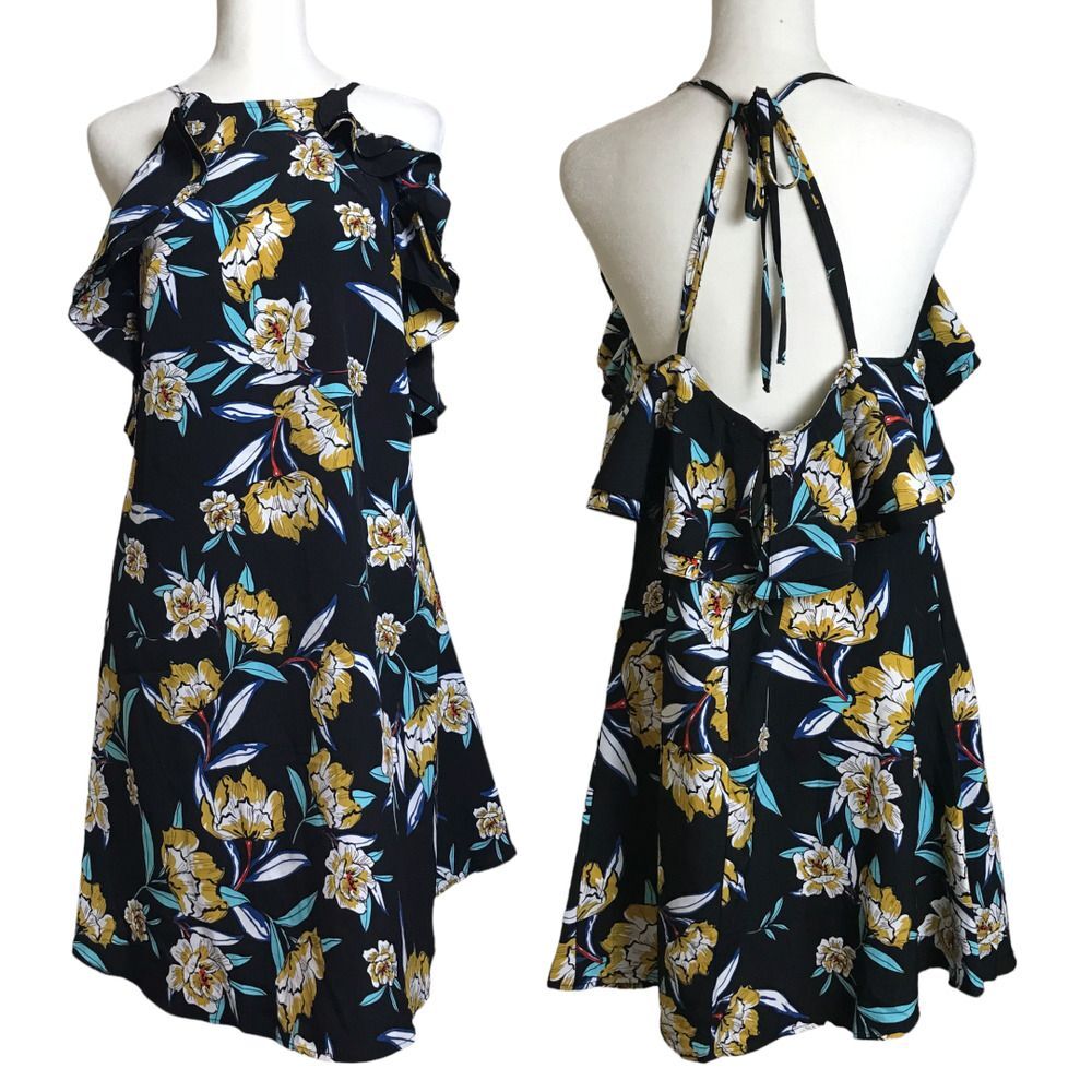 Umgee Dress Womens Small Navy Floral Bohemian Ruffled Halter Open Back